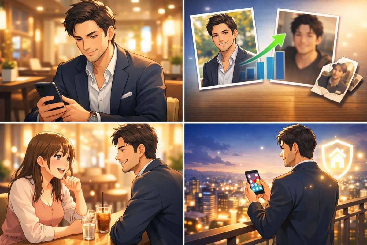 スマートフォンを操作する30代後半男性のイラストと、信頼感を重視したプロフィール写真の比較、落ち着いたデートの様子を描いたイメージ