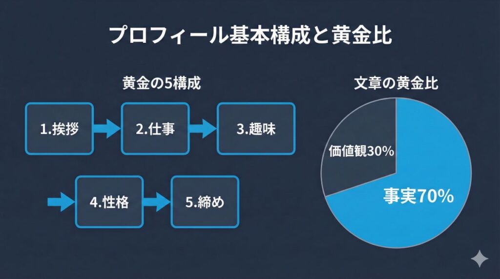 マッチングアプリ男性向けプロフィールの基本構成図。挨拶、仕事、趣味、性格、締めの5つのステップと、事実7割:価値観3割という女性に刺さる文章の黄金比率を視覚化した情報図解。