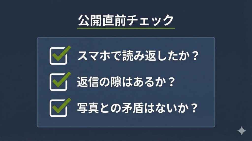 プロフィール公開前の最終確認チェックリスト。「スマホでの可読性」「返信のしやすさ」「写真との一貫性」の3点を確認し、マッチング率を高めるための最終的な仕上げをガイドするToDoリスト図解。