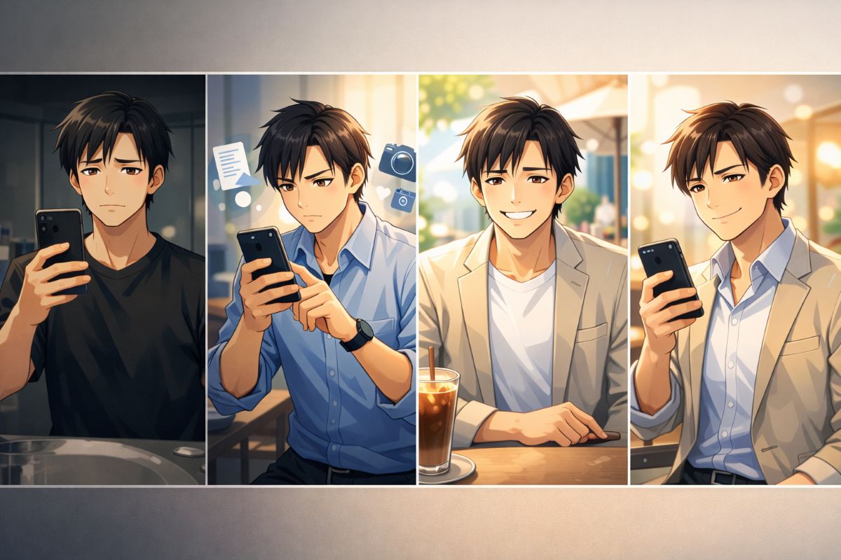 30代男性がマッチングアプリのプロフィール写真を自撮りから他撮りの自然な笑顔に改善し、自信を持つまでの様子を描いたイメージ