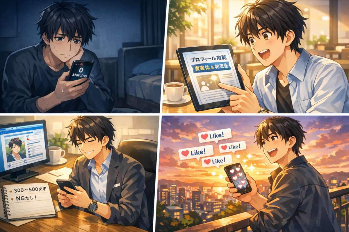 マッチングアプリでマッチせず悩む男性が、プロフィールの正しい書き方と例文を知り、自信を持って改善した結果、多数の「いいね！」を獲得するまでの成功ストーリーを描いた4コマ漫画風イラストイメージ。