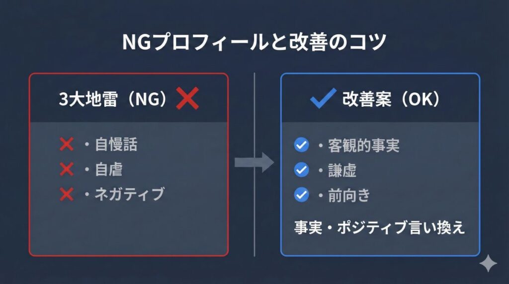 プロフィール作成におけるNG例と改善例の対比図。女性を遠ざける自慢、自虐、ネガティブな「3大地雷」を指摘し、それを安心感を与えるポジティブな表現に言い換えるためのチェックリスト形式の図解イメージ。