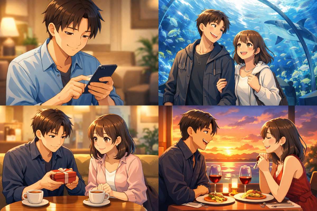 マッチングアプリの2回目デートでスマホの誘いから水族館、カフェでの交流、夕暮れのディナーまでを描いた4コマのイメージ