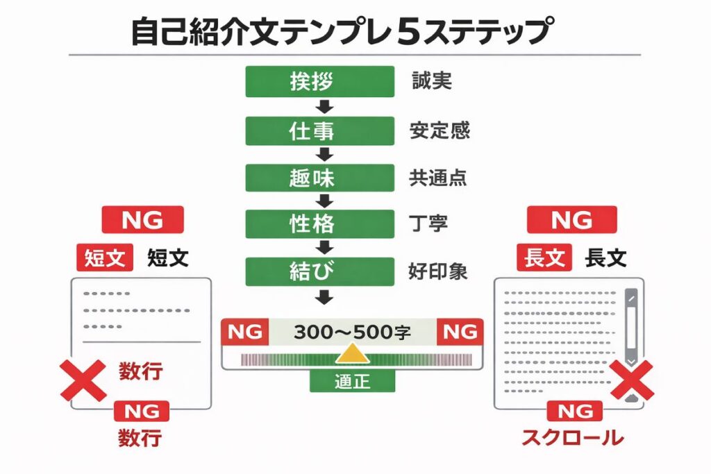 自己紹介文の最適構成として挨拶・仕事・趣味・性格・結びの5ステップと適切な文字量300〜500字を示し、短すぎ・長すぎの失敗例も比較して理解できる手順フローチャート図解