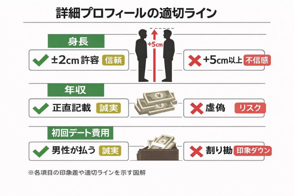 身長や年収など詳細プロフィール項目で許容範囲と危険な虚偽を比較し、正直記載と過度なサバ読みのリスク、初回デート費用設定の印象差を整理して理解できるチェック図解