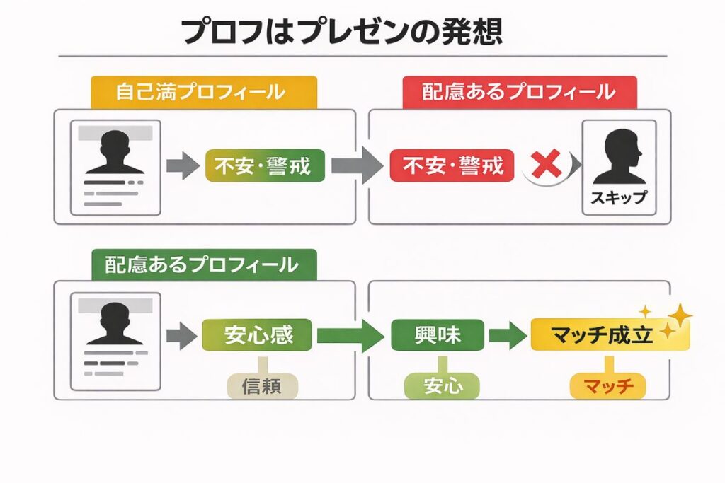 自分本位のプロフィールと相手視点のプロフィールを対比し、配慮・誠実・安心感が好印象に繋がる流れを示し、マッチング成立までの因果関係を理解できる因果図解