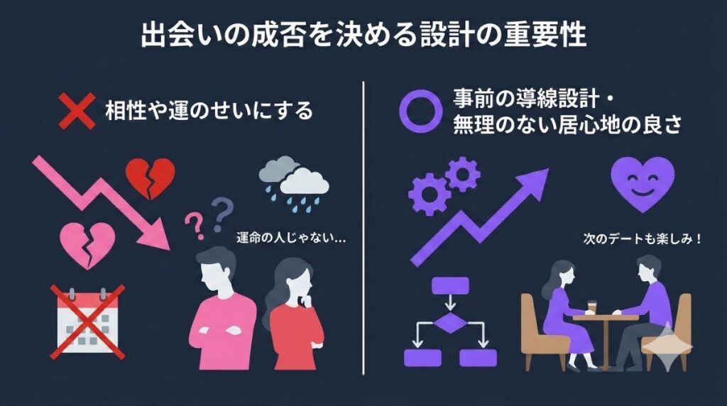 マッチングアプリのデート成功を左右する相性と事前設計の因果関係がわかる図解