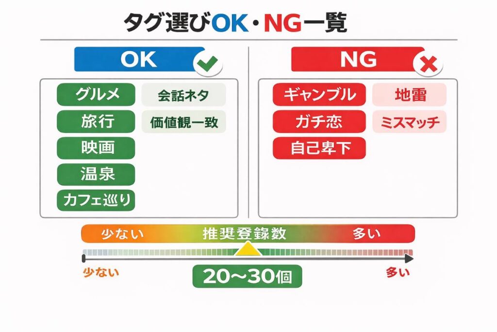マッチングアプリのタグ選びで好印象になるデート系タグと地雷扱いされるネガティブ系タグを対比し、20〜30個の適正登録数と会話のきっかけになる仕組みを理解できる比較マトリクス図解