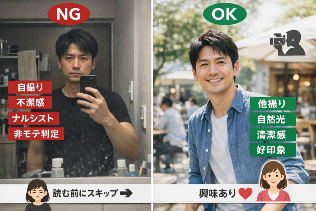 左に鏡越し自撮りのNG例、右に他撮り自然光笑顔のOK例を並べ、女性の印象評価が大きく変わるBefore/Afterを示すプロフィール写真比較図