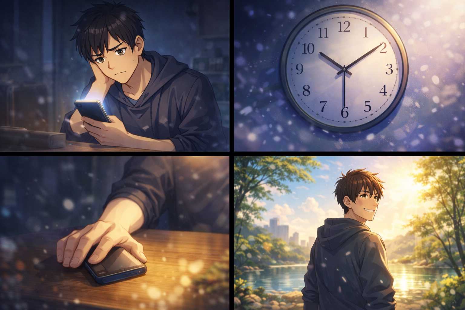 スマホの返信を待ちわびる不安な様子から、執着を手放して明るい光の中へ歩き出すまでの感情の変化を描いた4コマ風イメージ