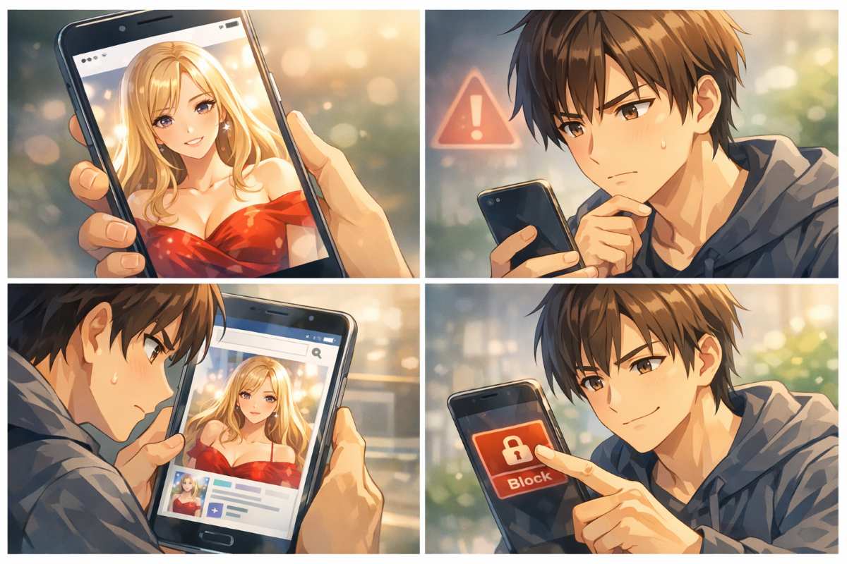 マッチングアプリで不自然に完璧なモデル写真のプロフィールを見て警戒し、画像検索から業者の罠を見抜く男女のイメージ