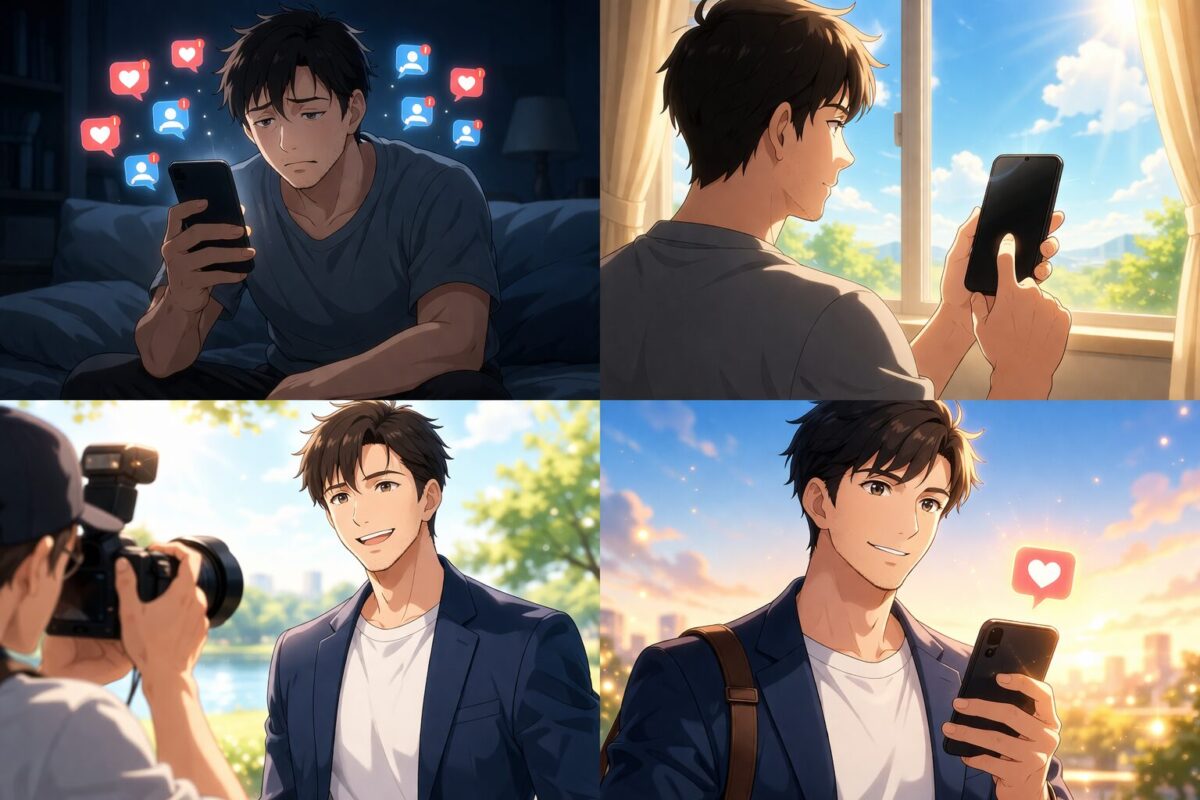 薄暗い部屋でスマホを見て疲弊する男性から、清潔感のある服装で笑顔の写真を撮り直し、自信を取り戻すまでの4コマ風アニメイラストイメージ