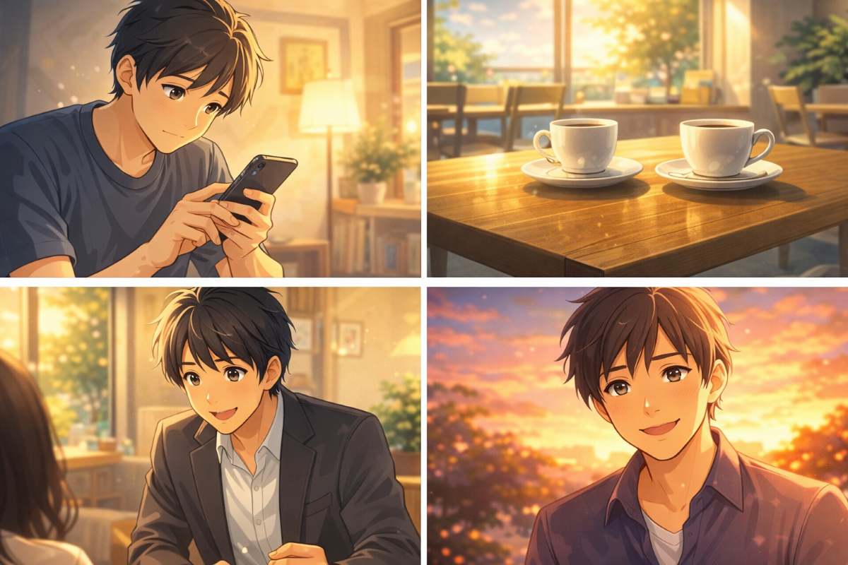マッチングアプリでの悩ましいメッセージ送信から昼間のカフェデートを経て、夕暮れ時に笑顔で想いを伝えるまでの男性の変化を描いたイメージ