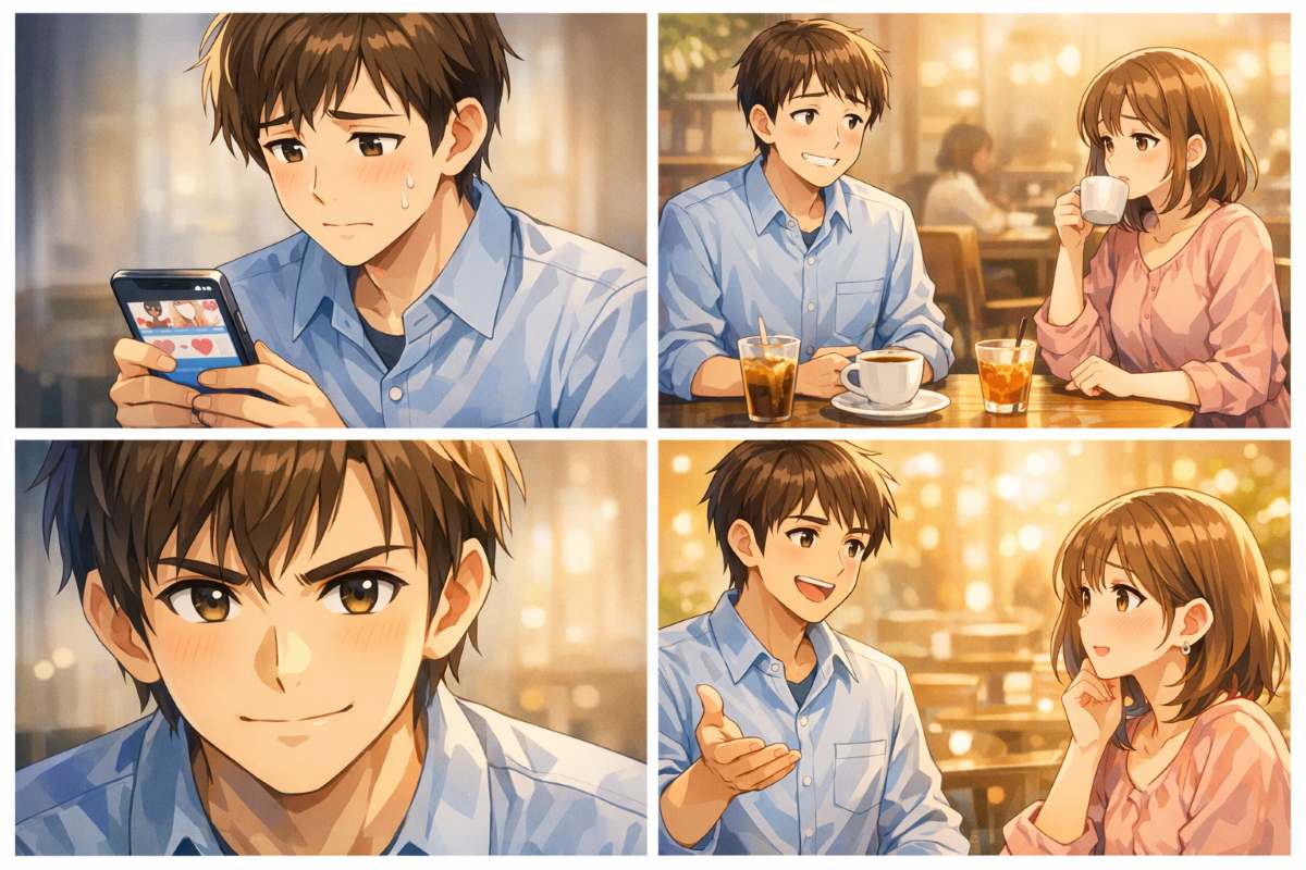カフェデートで無難な笑顔を浮かべていた男性が、自信を持った表情へと変化し、向かいの女性がハッとして惹きつけられる場面のイメージ