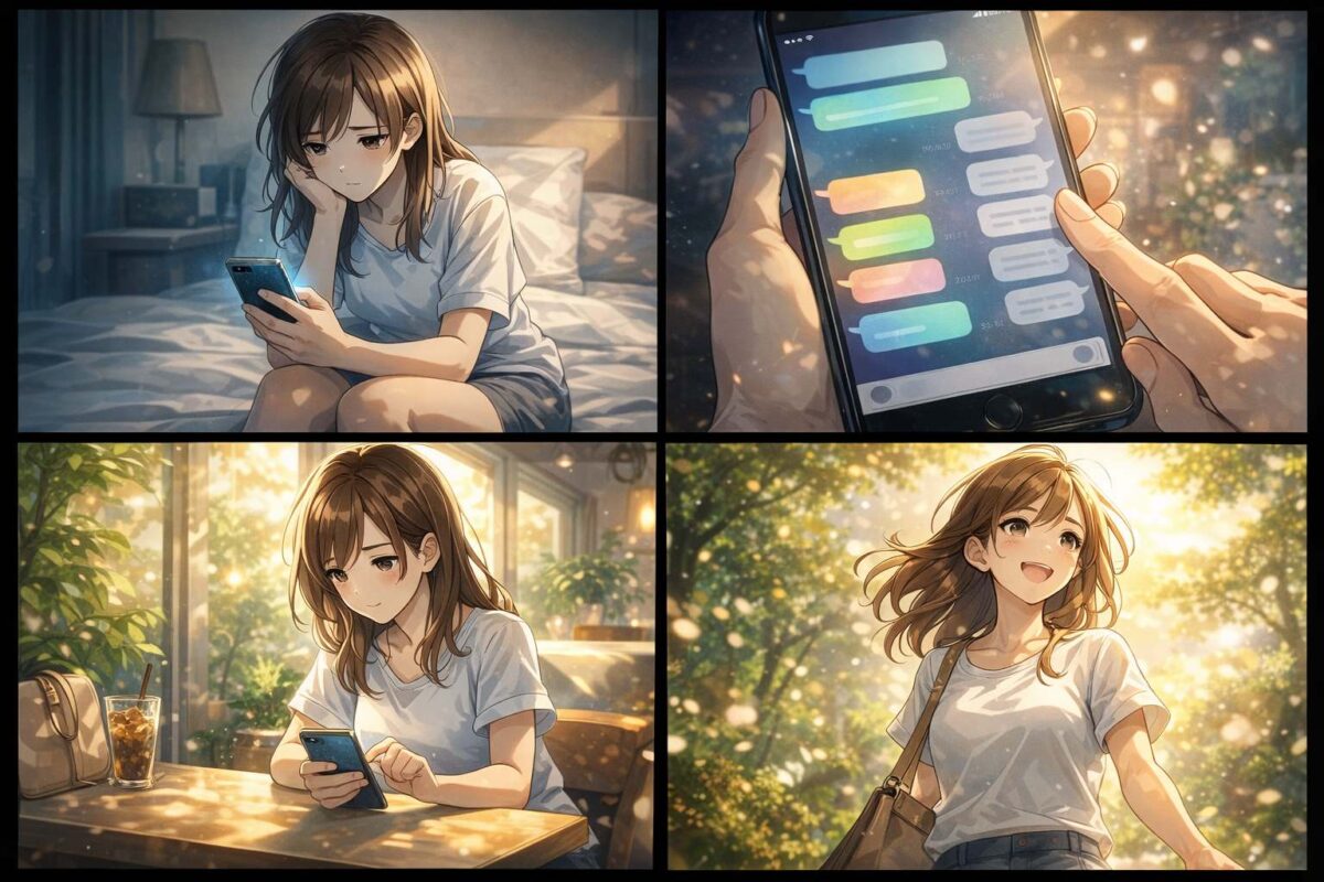 マッチングアプリのメッセージに悩み、カフェデートの打診で相手の真意を確かめ、前向きに次へ進む女性のイメージ