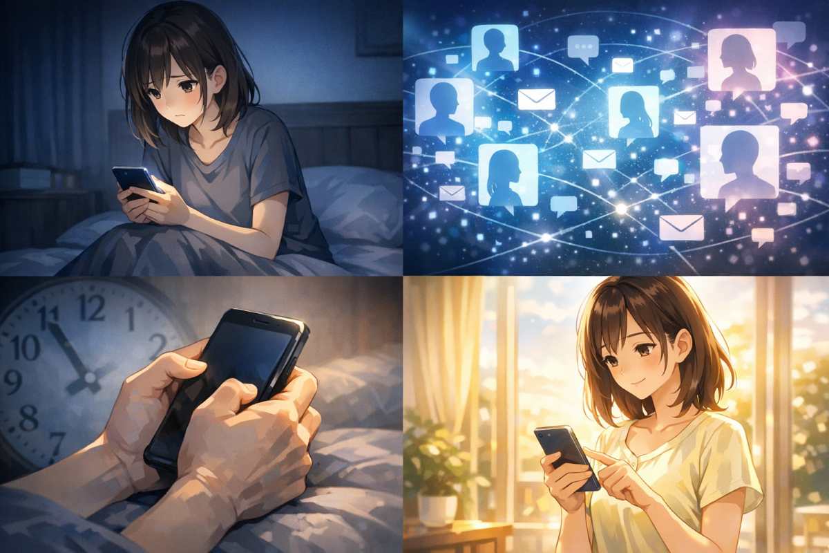 暗い部屋でスマホを握りしめ返信を待つ不安な女性と、朝の光の中で冷静にリマインドの連絡を送る様子を描いたイメージ