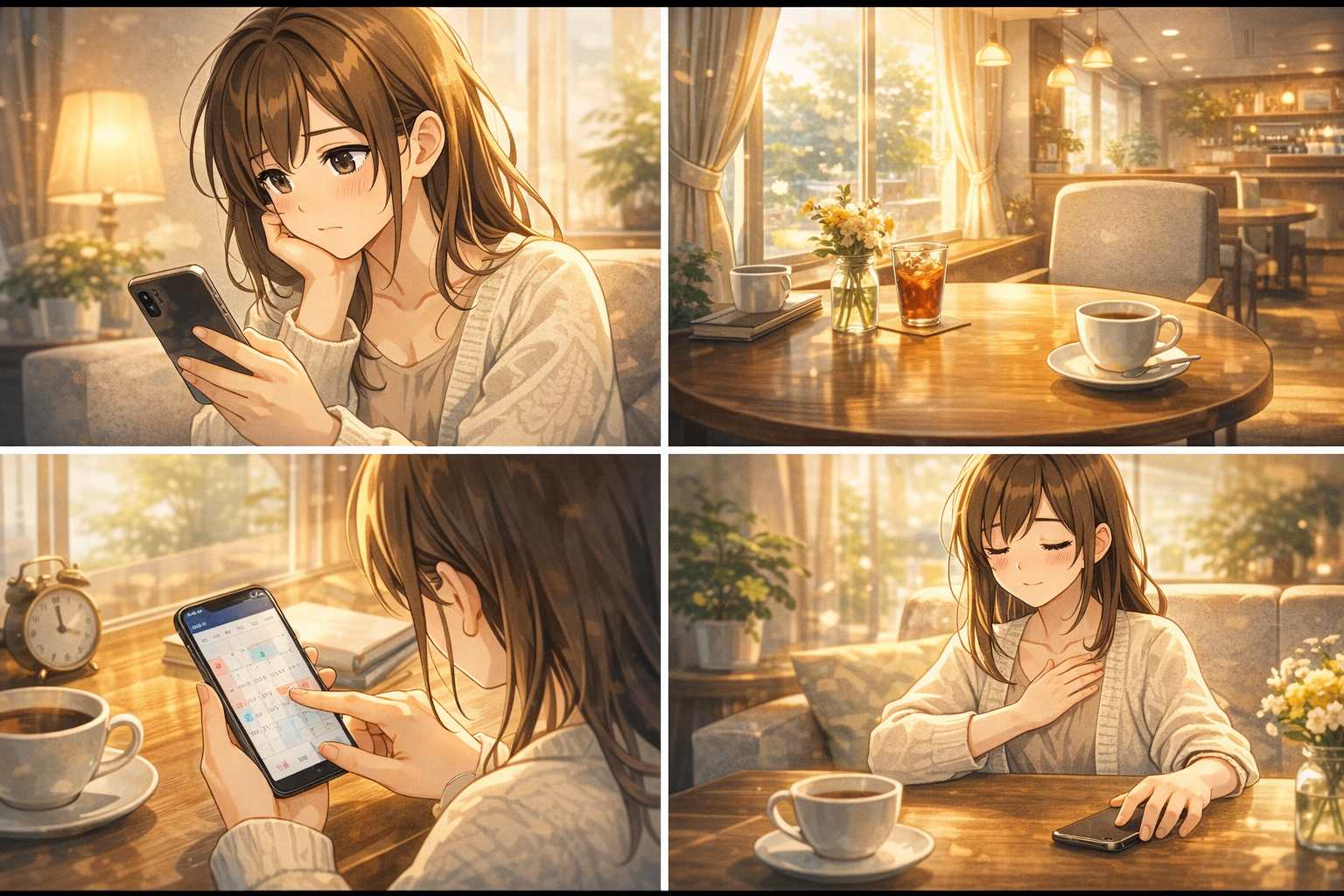 スマートフォンを見つめてデートの誘いに返信するか迷っている女性とカフェの店内のイメージ