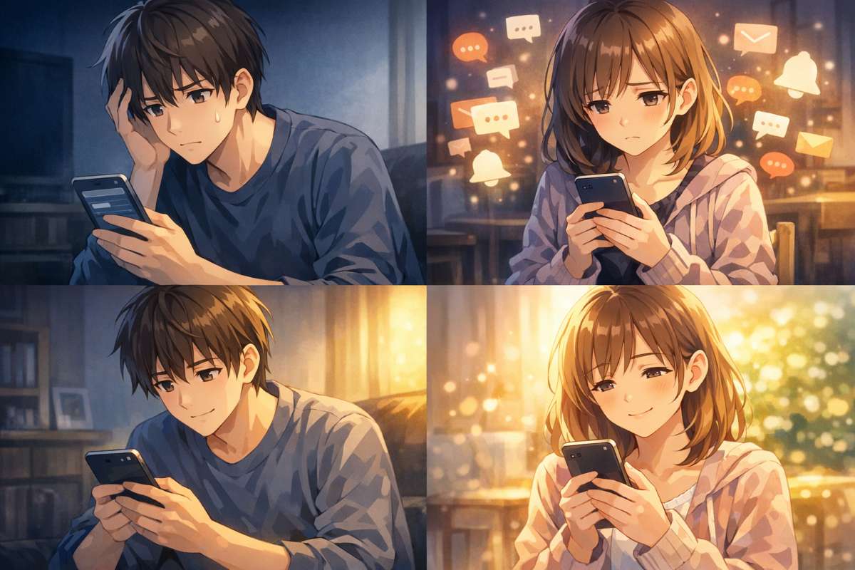 マッチングアプリで返信が途絶え悩む男性とメッセージ疲れの女性が、相手を気遣うアプローチを経て再び温かいコミュニケーションを取り戻すまでの様子を描いた4コマ風イメージ