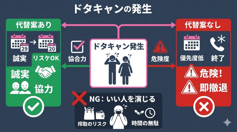 デートのドタキャンにおける代替案の有無が示す相手の本音と撤退すべき理由の解説図