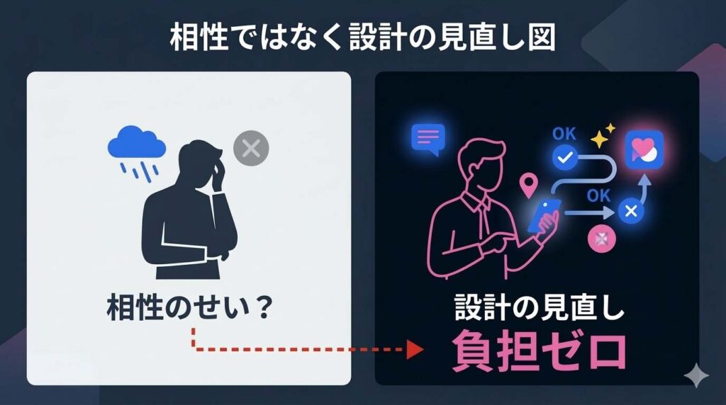 デートに繋がらない原因を相性のせいにするのではなく、相手に負担をかけない設計（誘い方）ができているかを問う比較図。