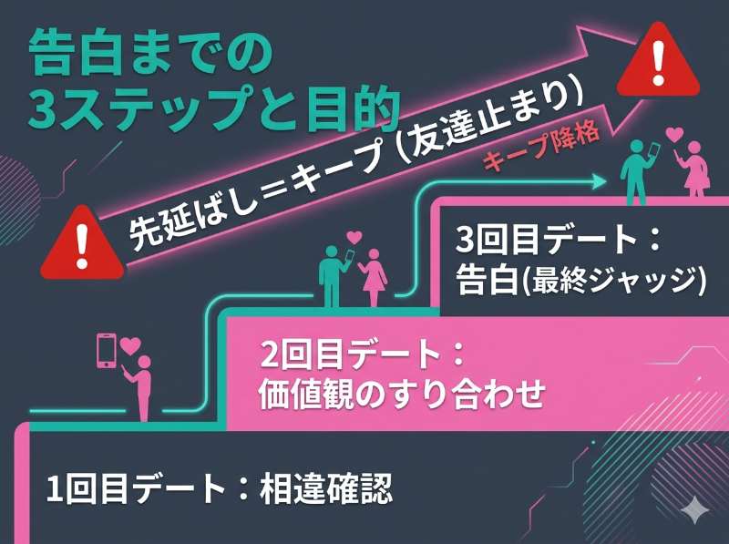 初デートから3回目のデートで告白に至るまでの目的の変化とキープ化を避けるステップの図解が分かる