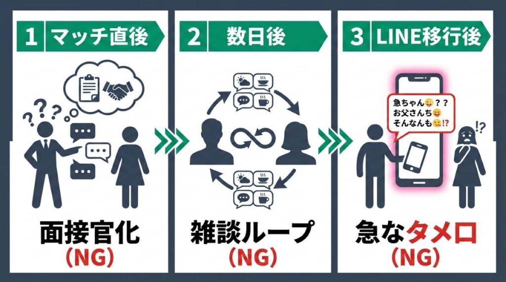 マッチングアプリで会話が続かない根本原因(面接官化・雑談ループ・急なタメ口)