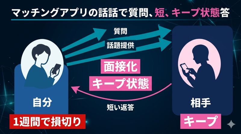 マッチングアプリで自分ばかり質問している面接化の状態とキープ要員である事実を示す相関図