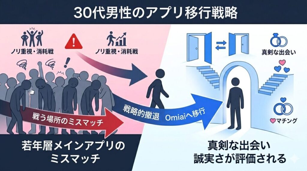 若年層向けアプリでの疲弊を避け、30代の誠実さが評価されるOmiaiへ環境を移行する戦略的撤退と再出発の図解