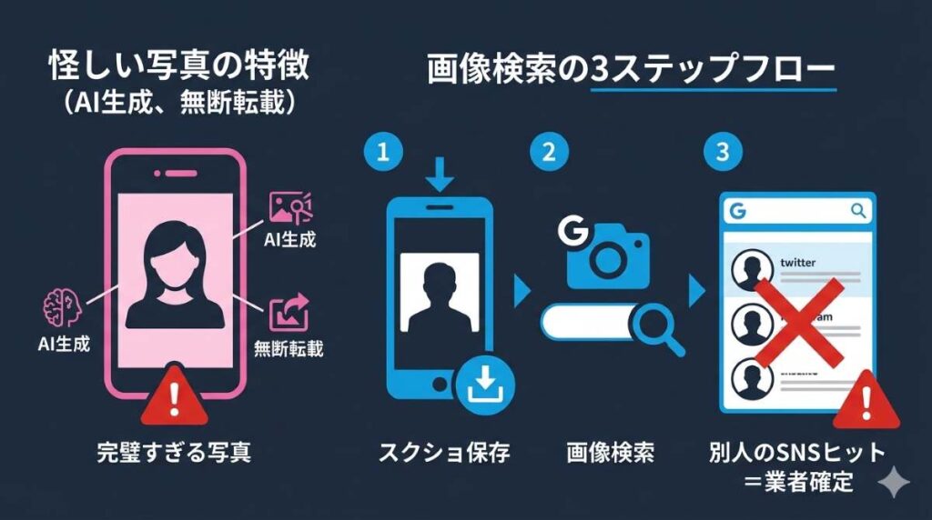 マッチングアプリの不自然なモデル写真が業者である理由と、Google画像検索を使った見破り方の手順を図解
