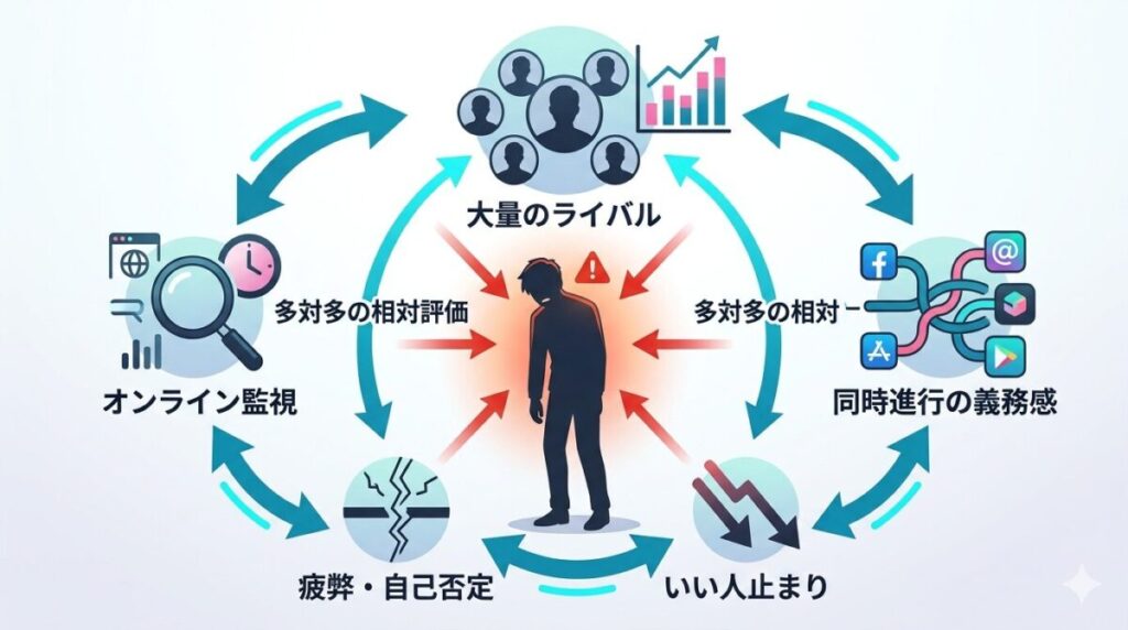 マッチングアプリの多対多の相対評価システムと、30代男性が陥りやすいログイン監視や同時進行による疲弊の構造を図解