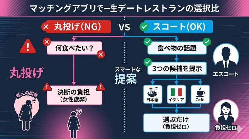 初デートの店決めで丸投げを回避し、3つの選択肢を提示するスマートなエスコート手順の図解が分かる