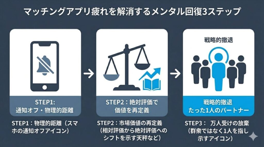 アプリ疲れから回復するための、通知オフや絶対評価へのマインドシフト、万人受け思考の放棄といった3つの手順の図解