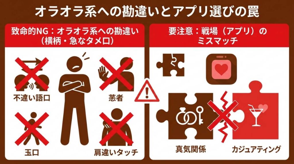 いい人をやめる過程で陥りがちな「横柄な態度」「距離感のバグ（タメ口・ボディタッチ）」と、アプリ選びのミスマッチを図解した注意喚起