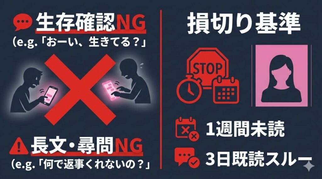 未読無視や既読スルーの女性に送ってはいけない絶対NGな追撃メッセージと損切りラインの図解