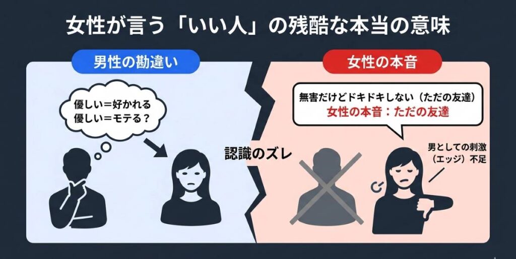 女性が言う「いい人」とは、無害で安全だが異性としての魅力や刺激がない「ただの友達」を意味するという事実を図解