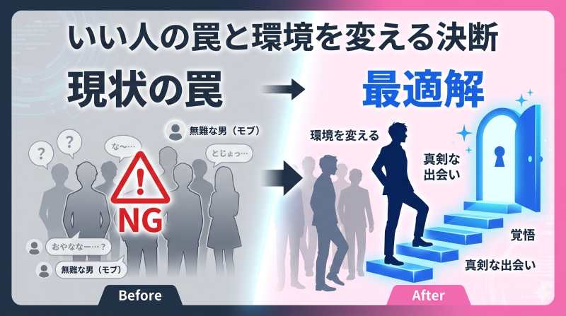 無難な男を演じる罠から抜け出し、真剣なアプリへ環境を変えるための解決策を示す比較図解が分かる