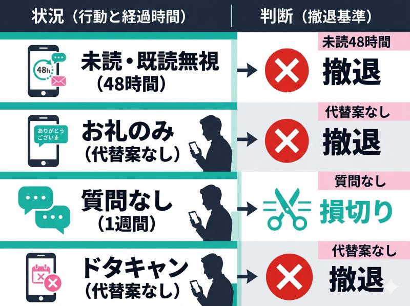マッチングアプリでの未読無視やデート後の態度から脈なしを判定し諦める基準を時間軸と行動でまとめた図解