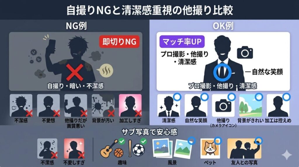 30代男性のプロフィール写真におけるNG例(自撮り)とOK例(清潔感のある他撮り、サブ写真の活用)の比較図解