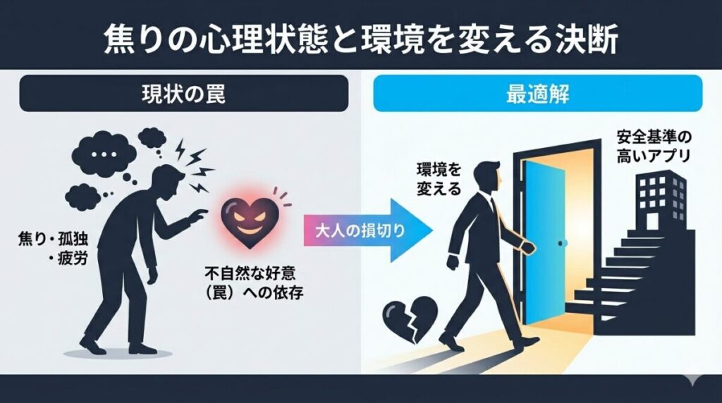 30代男性が業者に引っかかる焦りの心理状態と、安全基準の高いアプリへ環境を変える解決策を示す比較図解が分かる