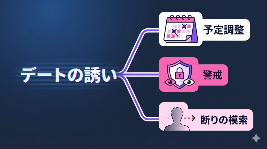デートに誘った後に女性の返信が遅くなる3つの主な心理（スケジュール調整、警戒心、フェードアウト準備）を図解した因果図。