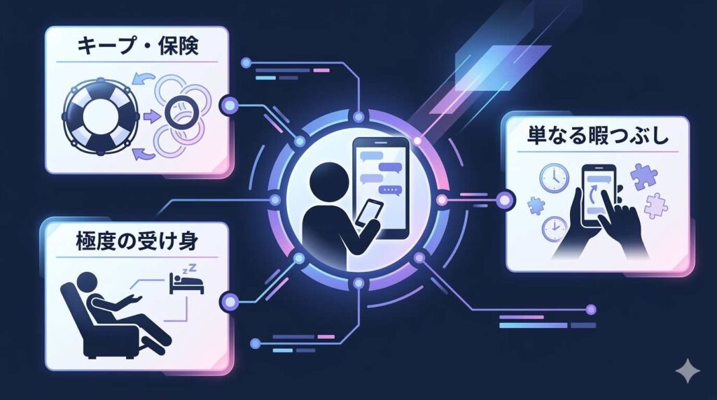 マッチングアプリで質問がないのに返信が来る相手の3つの心理(キープ、暇つぶし、受け身)を図解で解説