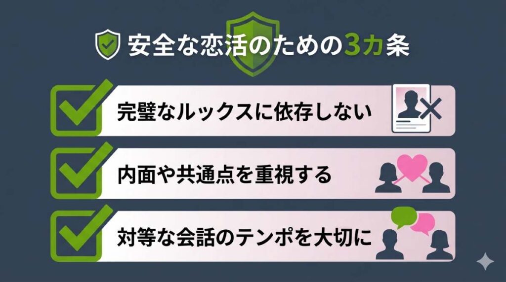 完璧なプロフィール写真に依存せず、内面や共通点を重視して安全で健全なマッチングを行うためのマインドセットを図解