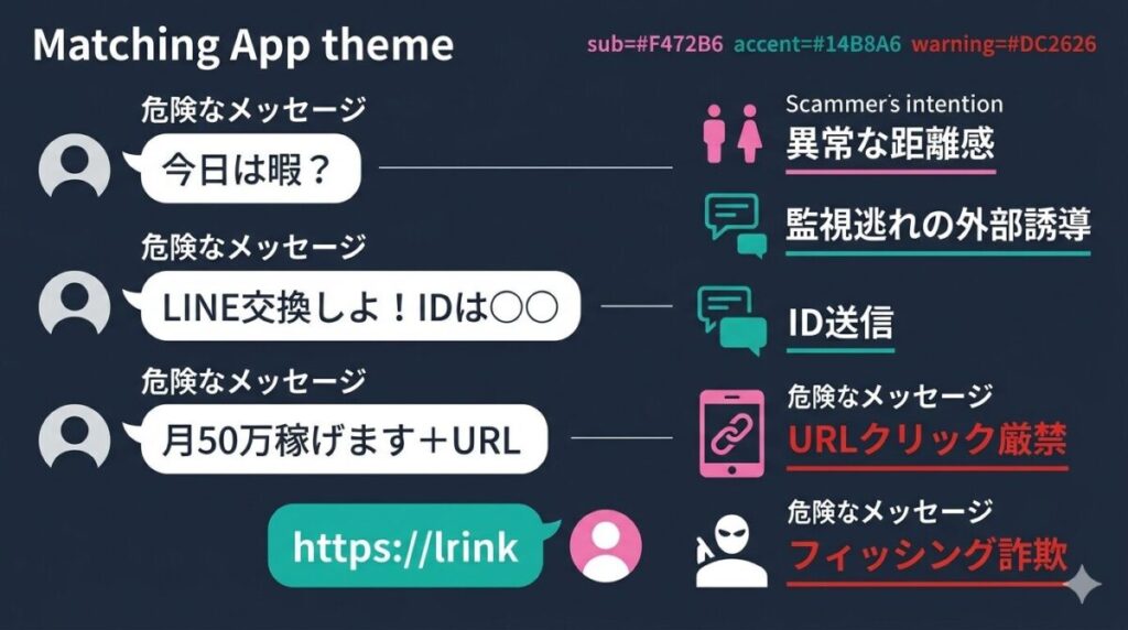 マッチングアプリ内での業者特有の不自然なメッセージ例と、外部アプリや不正URLへの誘導手口の図解が分かる