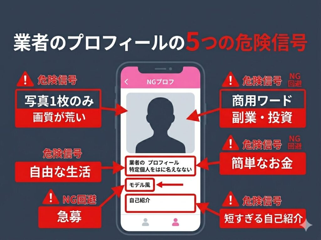 マッチングアプリでマッチングする前に視覚情報だけで業者を弾くための事前チェックポイントと5つの危険信号の図解が分かる