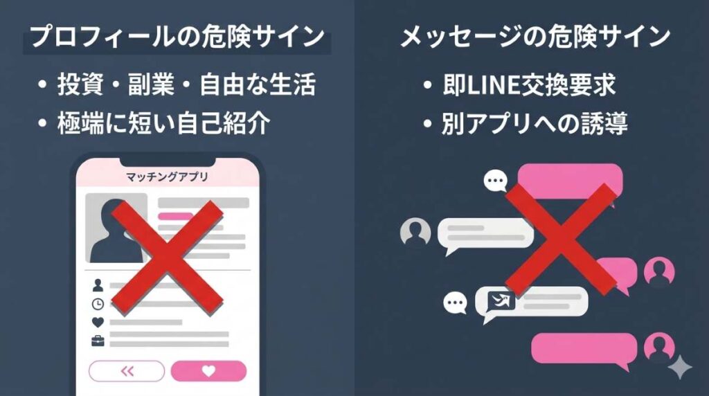 マッチングアプリで業者がよく使うプロフィール文のNGワードや、マッチング直後にLINE交換を急ぐ特徴を図解