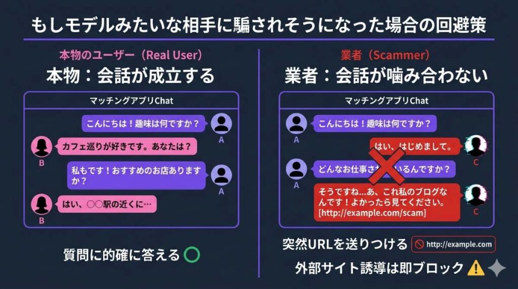マッチングアプリで業者と本物の一般ユーザーを見分けるための、会話のキャッチボールの成立有無を比較した図解