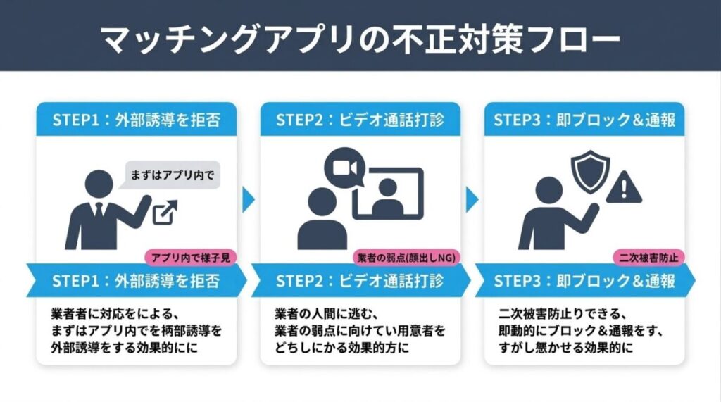 マッチングアプリで業者を安全に試して撃退するための具体的なアクションフローと使える返信テンプレの図解が分かる