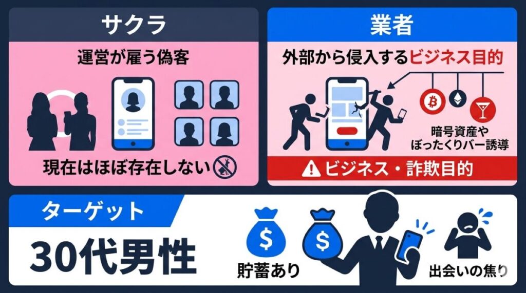 マッチングアプリに潜むサクラと業者の違いと、30代男性が投資詐欺やぼったくりバーの標的にされる構造の図解が分かる