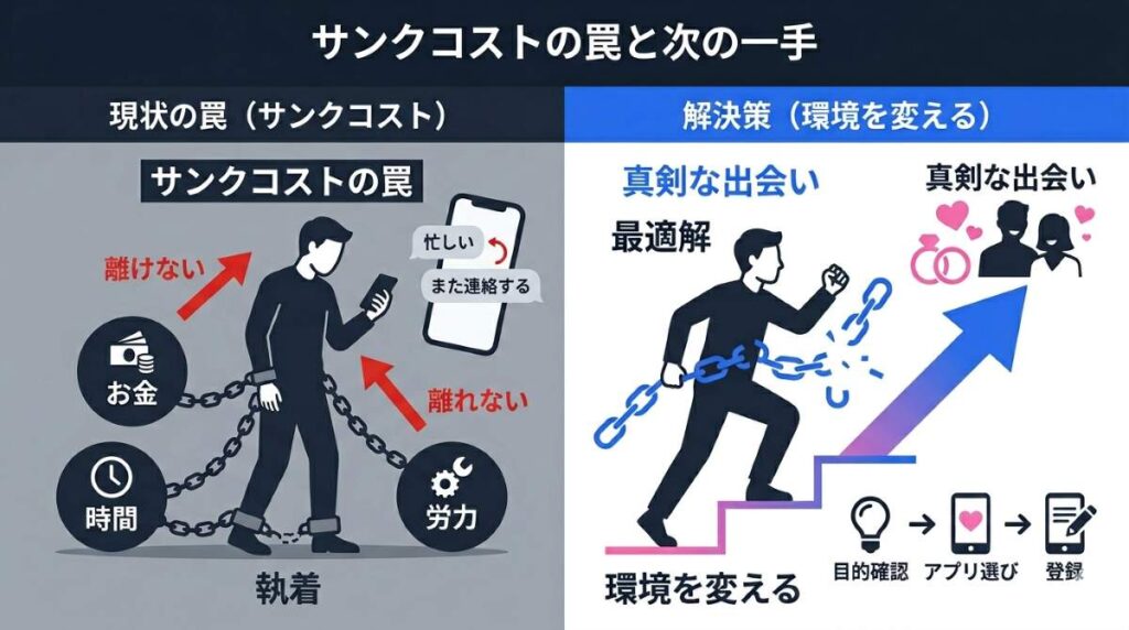 マッチングアプリで相手の忙しいという言葉を信じてしまうサンクコスト効果と正しいアプリ選びのステップを図解