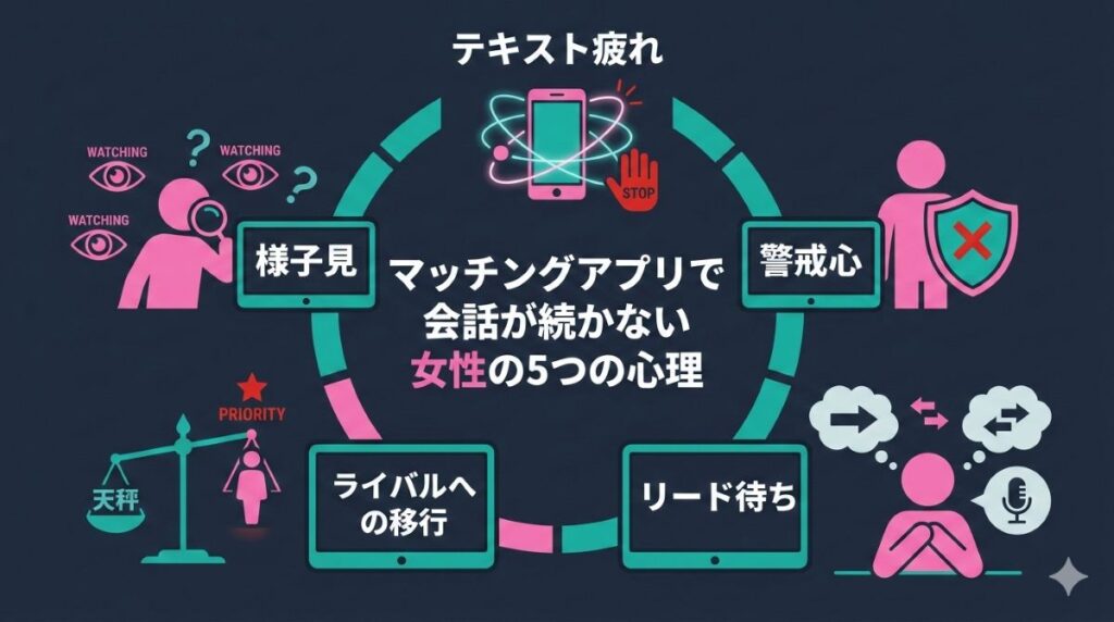 マッチングアプリで女性との会話が続かない5つの理由と脈なしを見極めるサインをまとめた図解